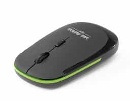 Mouse óptico wireless ABS com acabamento emborrachado. Incluso 2 pilhas AAA.