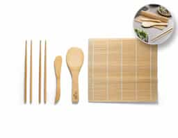 Kit para sushi em bambu com tapete, 2 pares de hashi, 1 colher e 1 faca em bambu