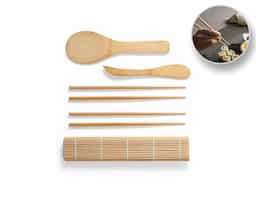 Kit para sushi em bambu com tapete, 2 pares de hashi, 1 colher e 1 faca em bambu