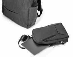 Mochila para notebook em 900D de alta densidade com um compartimento principal com divisória almofadada para notebook 15,6" e diversos bolsos interiores. Contém ainda 2 bolsos frontais, 1 lateral e entrada USB. Parte posterior e alças almofadadas com banda para transporte em trolley. Capacidade até 14 L. 310 x 440 x 110 mm