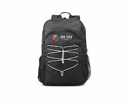 Mochila para notebook em 300D e 600D, ambos em poliéster reciclado (100% rPET) com elementos refletores. Possui 1 compartimento principal com 1 bolso multifuncional e bolso para notebook portátil até 15.6". Bolso frontal com zíper, 2 bolsos laterais em tela mesh e um elástico na frente para transporte de diferentes objetos. A parte posterior e alças são almofadadas. Capacidade até 18 L. 320 x 450 x 140 mm