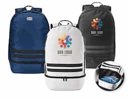 Mochila em 290T poliéster reciclado (100% rPET), em sarja com forro em 210D poliéster reciclado (100% rPET). Contém 1 compartimento principal e 1 compartimento inferior ideal para guardar sapatos. Mochila totalmente forrada com costas e alças almofadadas. Contém duas faixas pretas refletoras na parte da frente. Capacidade até 25 L. 300 x 480 x 210 mm