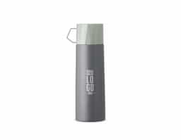 Garrafa térmica 500ml inox cinza com tampa que pode ser utilizada como caneca, tampa interna em plástico resistente (basta um clique para abrir ou fechar).