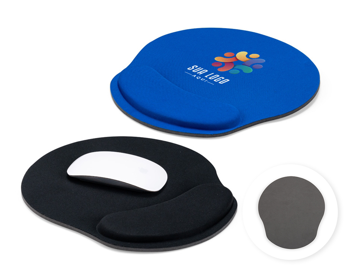 Mouse pad ergonômico com apoio em espuma para o punho, superfície em tecido sintético e base em EVA.