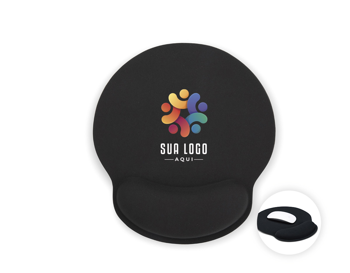 Mouse pad ergonômico de estrutura flexível. Contém superfície em poliéster e base em borracha com textura antiderrapante, além de espuma ergonômica para o punho.