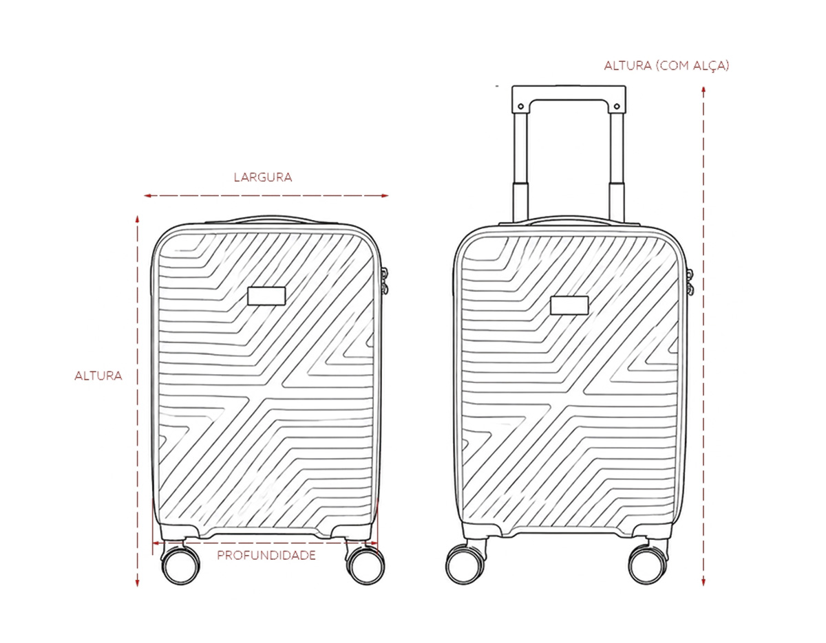 Mala de viagem em plástico resistente, fechamento em zíper e capacidade para até 30 litros. Possui dimensões compatíveis com o padrão da ANAC, compartimento interno com fechamento em zíper e bolso superior em tela de malha, além de cinta compressora no lado oposto para organização de objetos. Conta ainda com alça de mão, quatro rodinhas com giro em 360 graus, puxador com ajuste de nível e alça plástica, além de cadeado numérico TSA. Acompanha placa em metal para personalização.