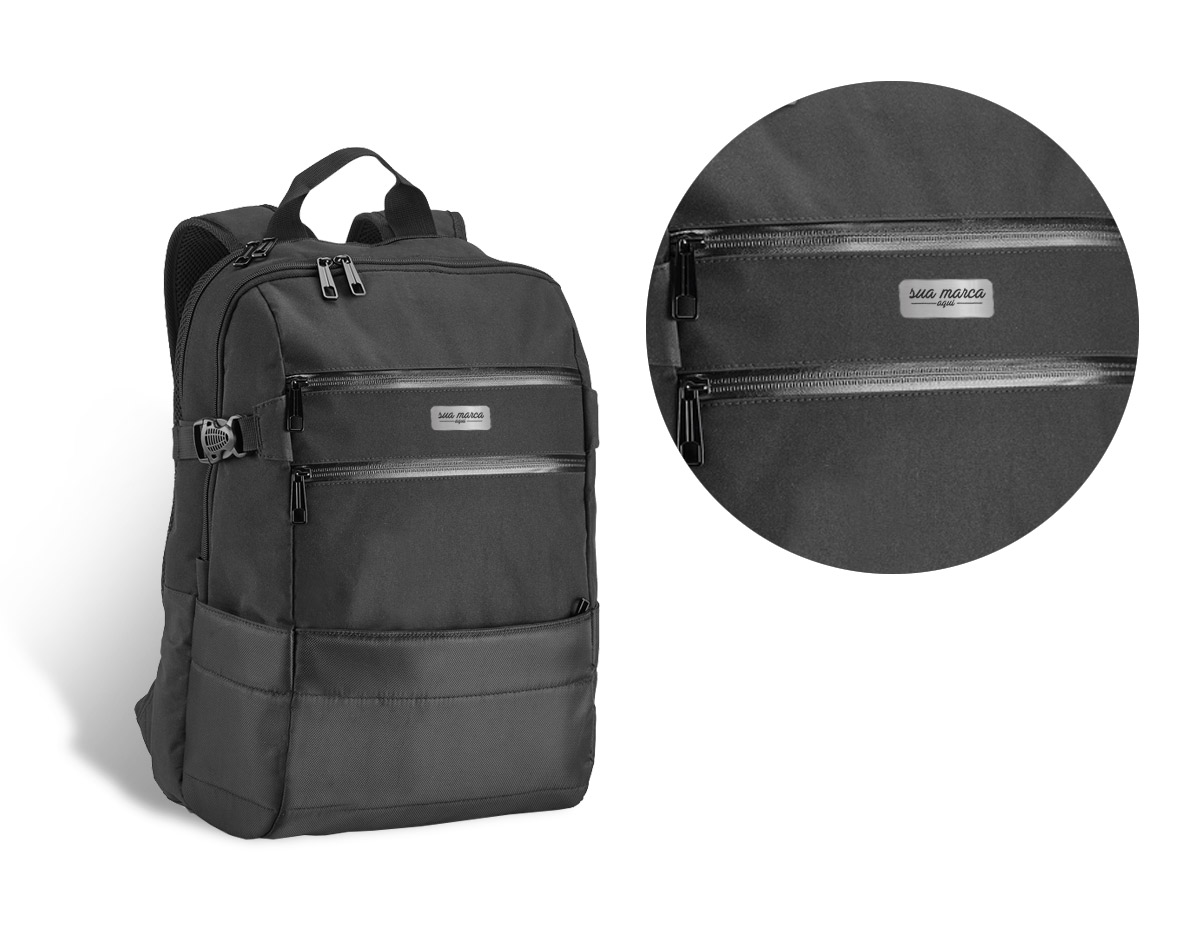 Mochila para notebook. 840D jacquard e 300D. Com 2 compartimentos. Compartimento posterior forrado e almofadado, com 2 divisórias almofadadas para notebook até 15.6'' e tablet 10.5''. Compartimento frontal forrado, com diversos bolsos interiores. 3 bolsos frontais e 2 bolsos laterais. Parte posterior almofadada, com sistema de apoio acolchoado para as costas e alças almofadadas