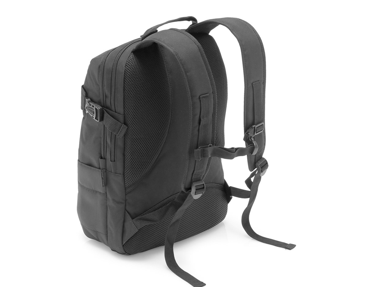 Mochila para notebook. 840D jacquard e 300D. Com 2 compartimentos. Compartimento posterior forrado e almofadado, com 2 divisórias almofadadas para notebook até 15.6'' e tablet 10.5''. Compartimento frontal forrado, com diversos bolsos interiores. 3 bolsos frontais e 2 bolsos laterais. Parte posterior almofadada, com sistema de apoio acolchoado para as costas e alças almofadadas