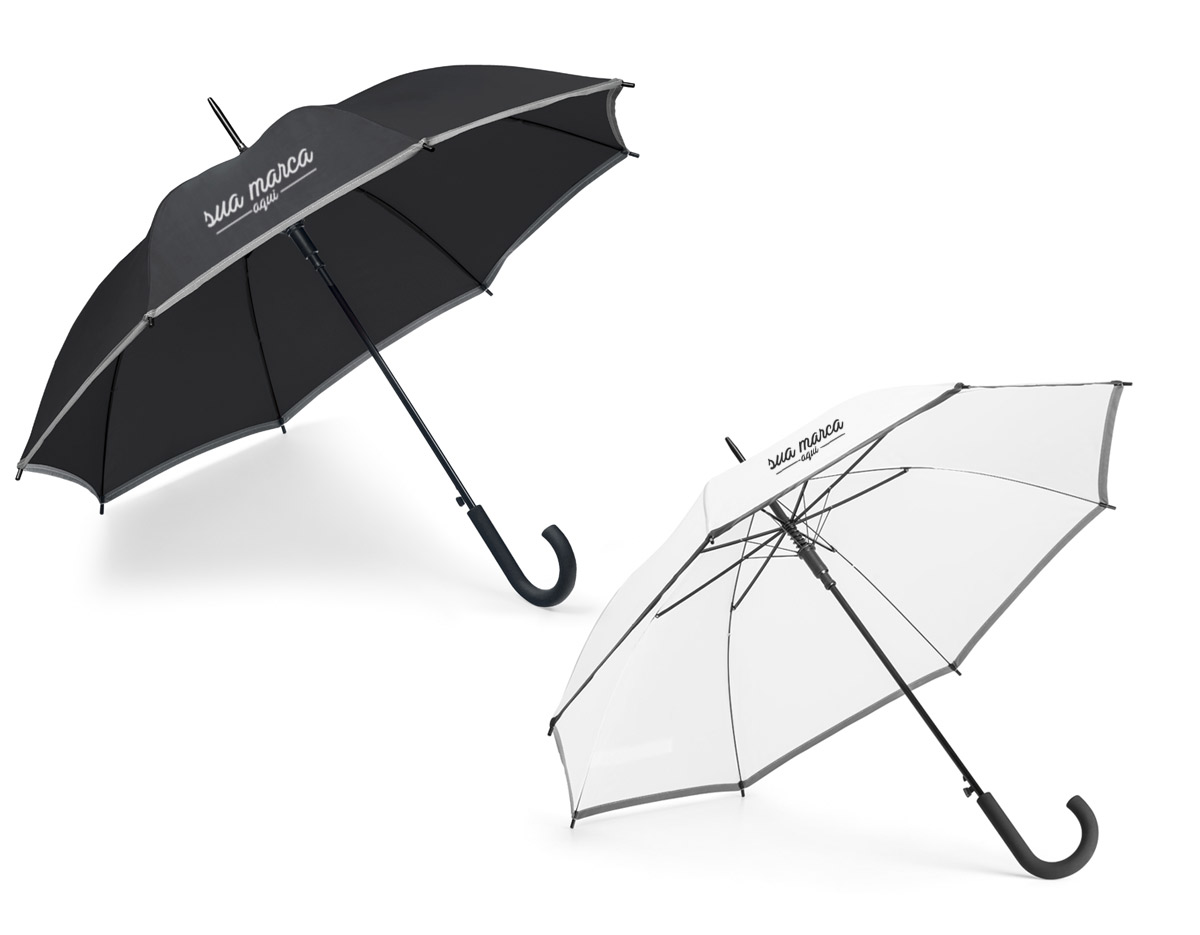 Guarda-chuva em poliéster 190T com faixa refletora. Pega revestida a borracha e abertura automática.