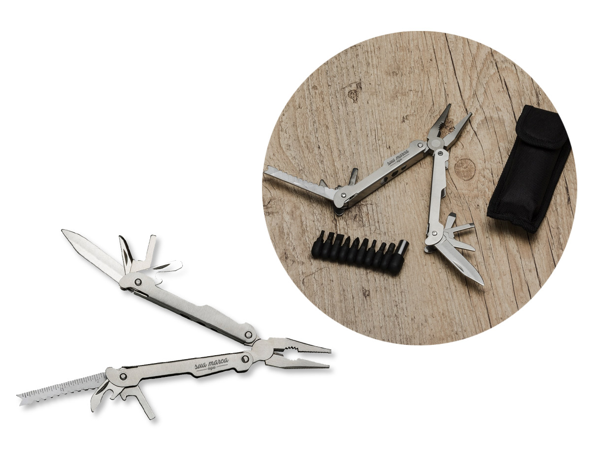 Alicate de metal retrátil com 21 funções. Possui: alicate normal/bico meia-cana, corta arame, lâmina grande, lâmina pequena, formão, abridor de garrafa, chave de fenda quadrada, serra, régua, lima, abridor de lata, adaptador e jogo com 9 pontas mais utilizadas