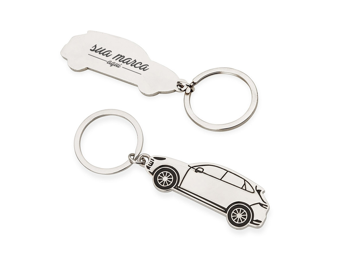 Chaveiro metal formato carro com detalhes preto em relevo e verso espelhado.