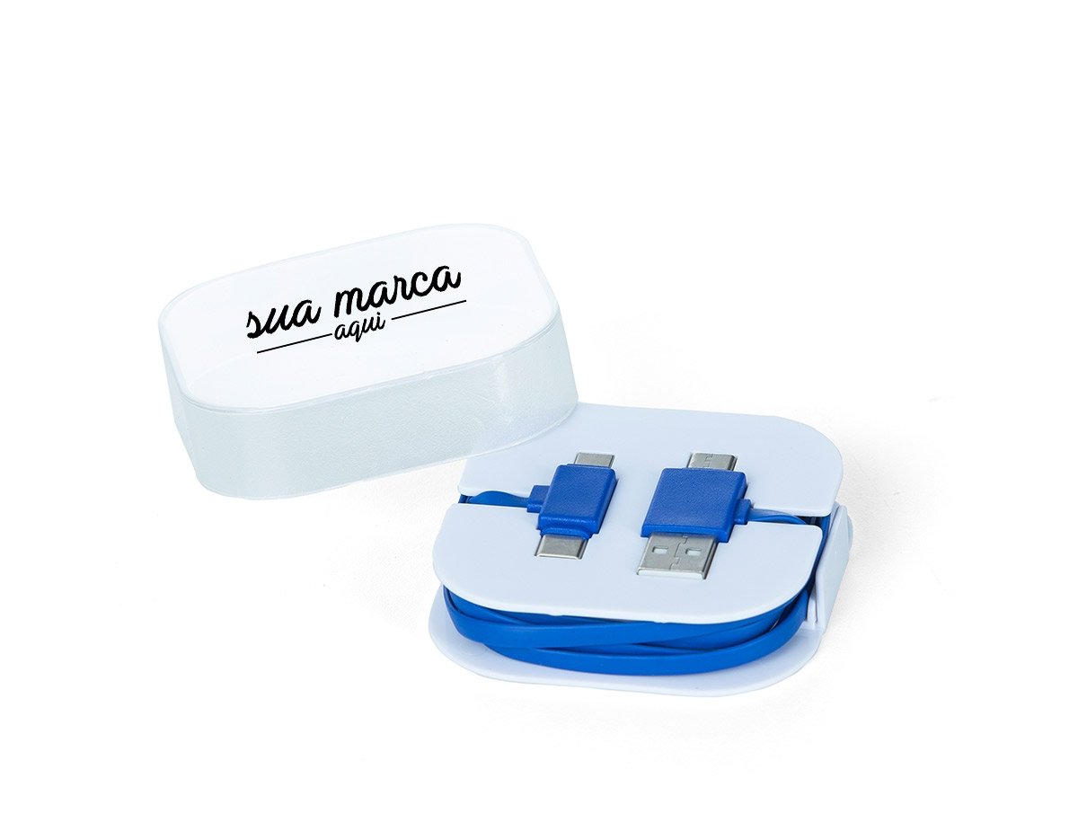Cabo 4 em 1 com case suporte para celular. Cabo para carga e transferência de dados, contém as saídas tipo-C, lightning (iOS) e V8 (android) e entradas USB-A e USB-C.