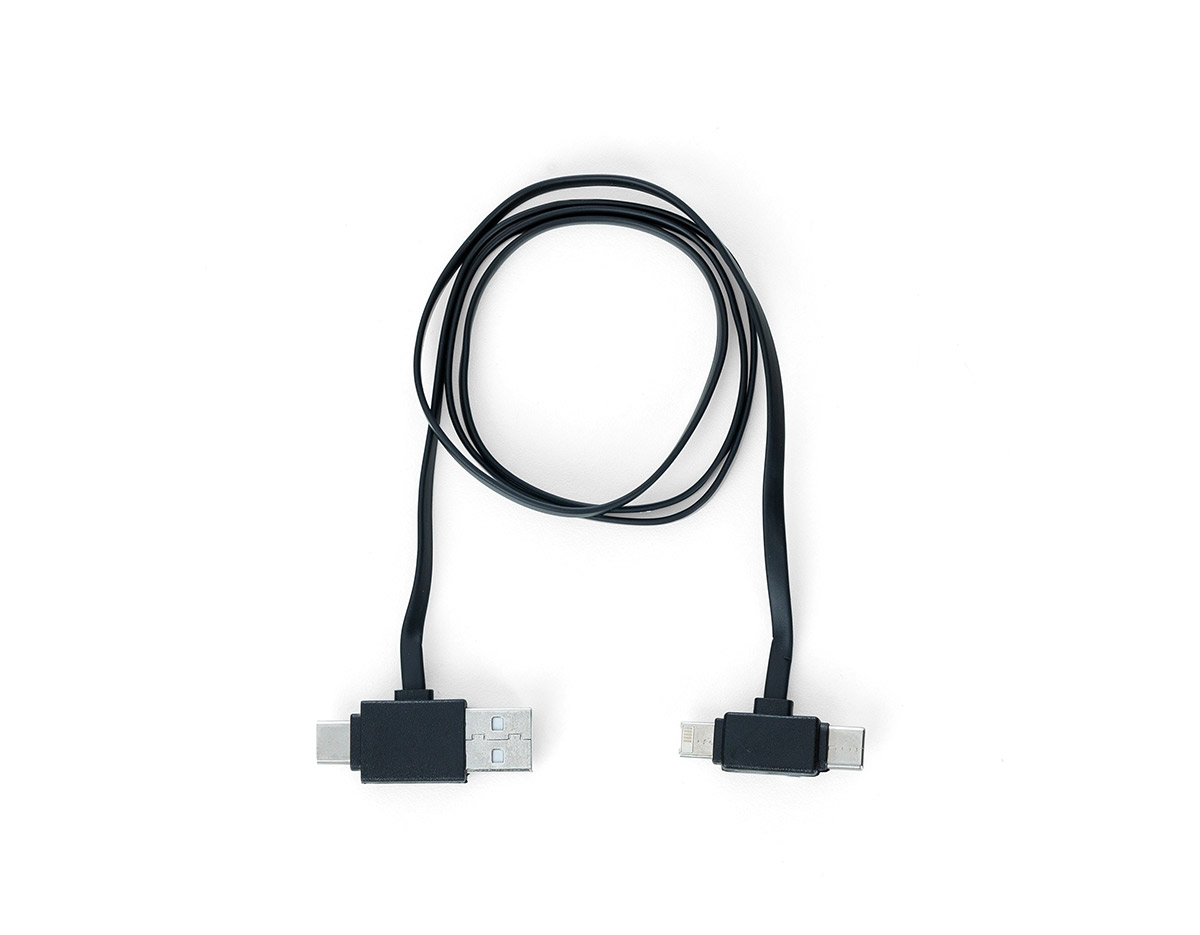 Cabo 4 em 1 com case suporte para celular. Cabo para carga e transferência de dados, contém as saídas tipo-C, lightning (iOS) e V8 (android) e entradas USB-A e USB-C.