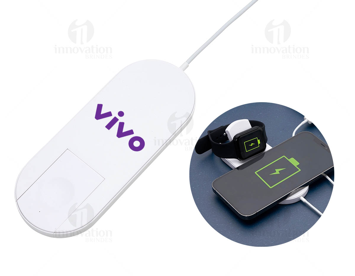 Base de carregamento por indução para celular e Iwatch. Com área de indução inclinável para o Iwatch, a base contém borrachas antideslizantes e cabo USB acoplado.