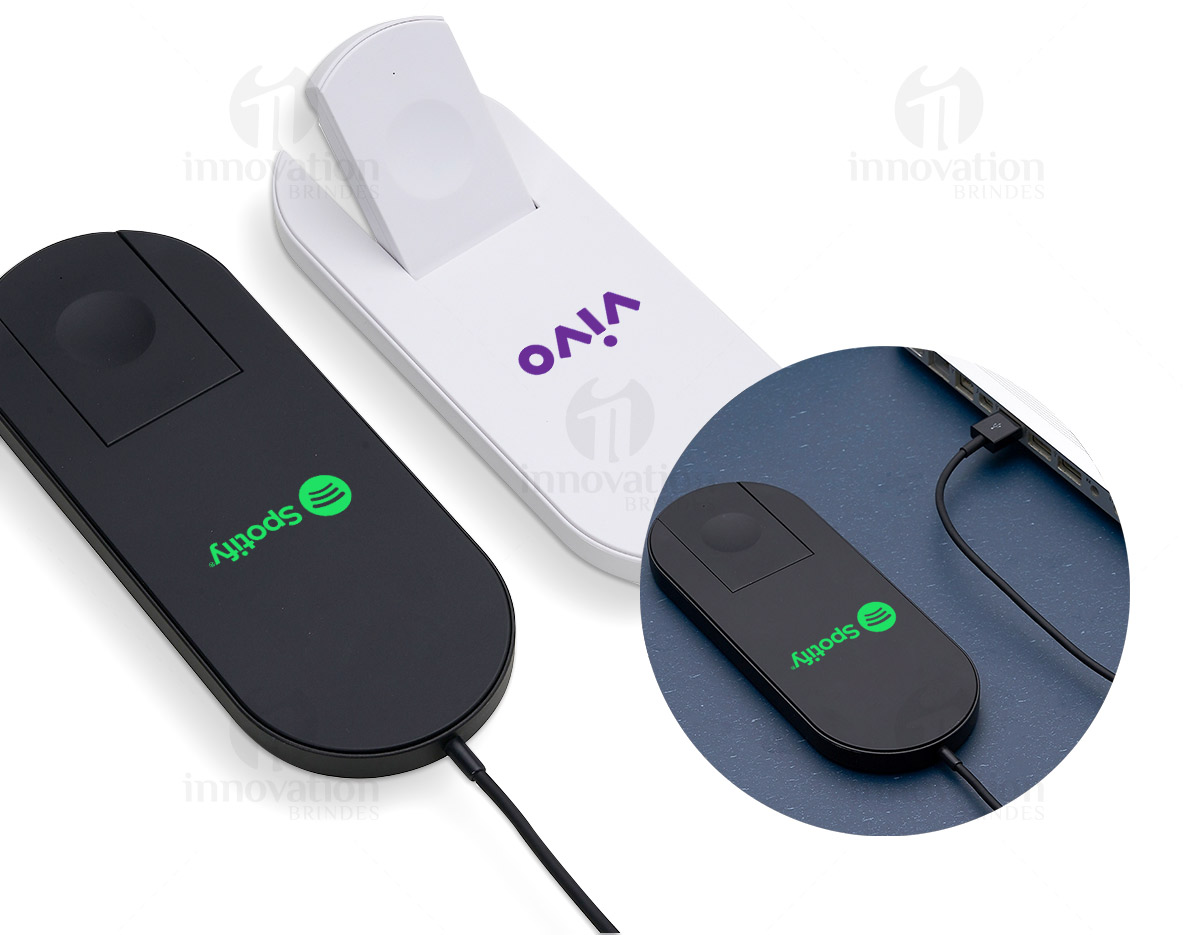 Base de carregamento por indução para celular e Iwatch. Com área de indução inclinável para o Iwatch, a base contém borrachas antideslizantes e cabo USB acoplado.
