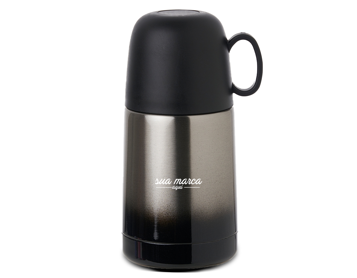 Garrafa térmica 250ml com acabamento degradê, contém tampa hermética rosqueável com botão de acionamento e tampa externa plástica com alça, podendo ser utilizada como xícara.