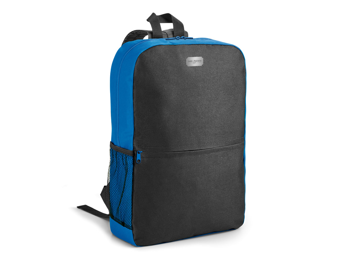 Mochila para notebook. 600D. Compartimento com divisória almofadada para notebook até 15.6''. Bolso lateral em tela e bolso frontal. Parte posterior e alças almofadadas