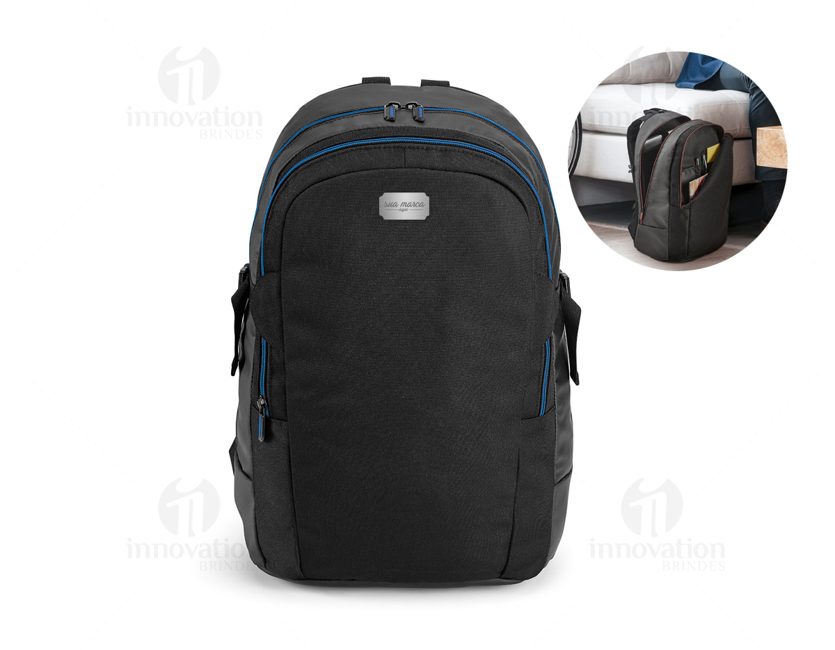 Mochila para notebook. 900D e c. sintético. Com 2 compartimentos. Compartimento posterior forrado, com divisória almofadada para notebook até 17'' e bolso em tela, com zíper