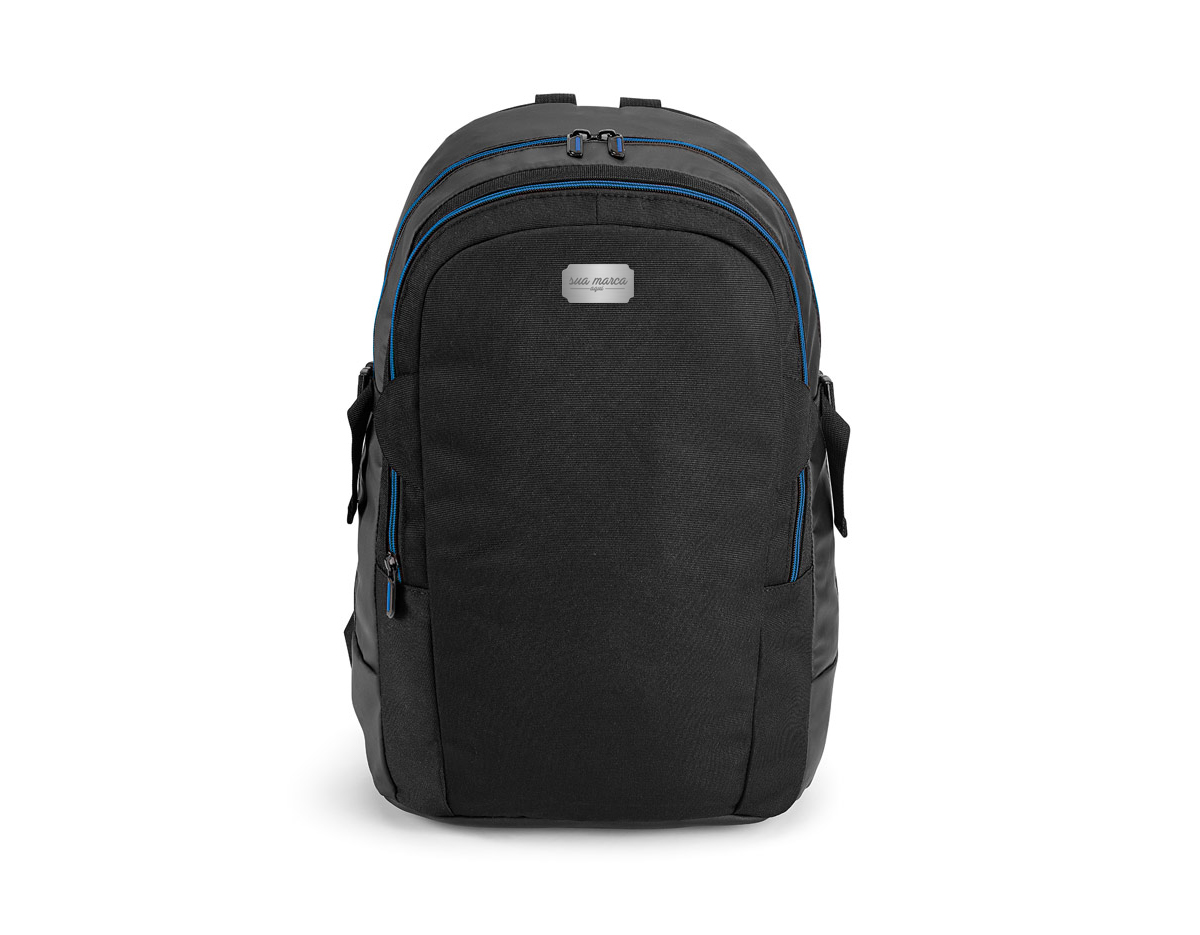 Mochila para notebook. 900D e c. sintético. Com 2 compartimentos. Compartimento posterior forrado, com divisória almofadada para notebook até 17'' e bolso em tela, com zíper