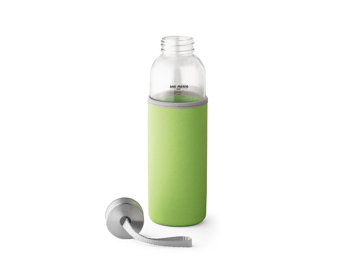 Squeeze. Vidro e aço inox. Capacidade até 520 ml. Fornecido com luva em soft shell