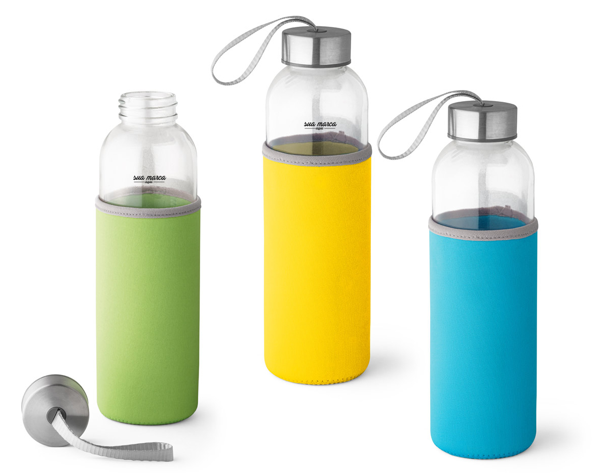 Squeeze. Vidro e aço inox. Capacidade até 520 ml. Fornecido com luva em soft shell