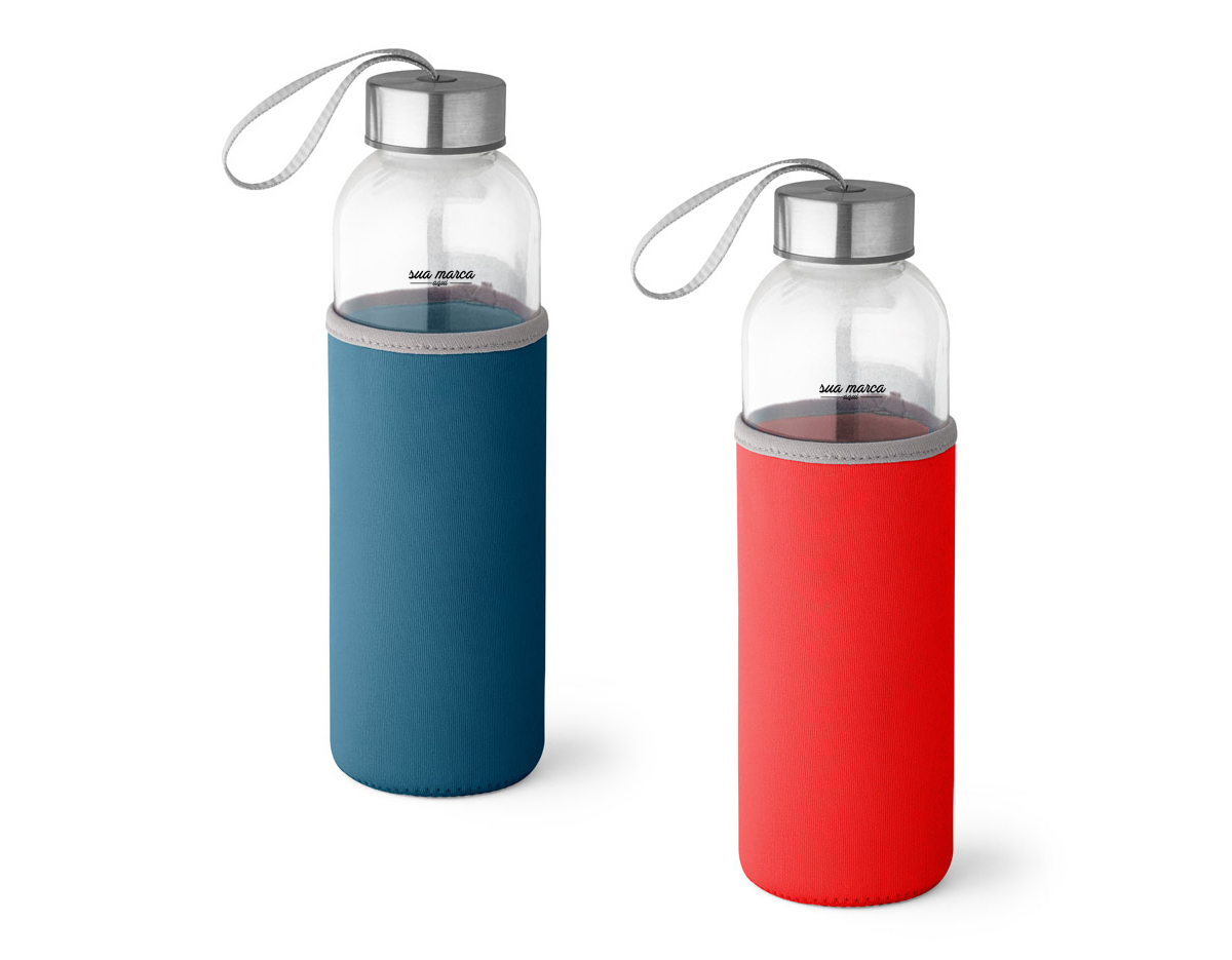 Squeeze. Vidro e aço inox. Capacidade até 520 ml. Fornecido com luva em soft shell