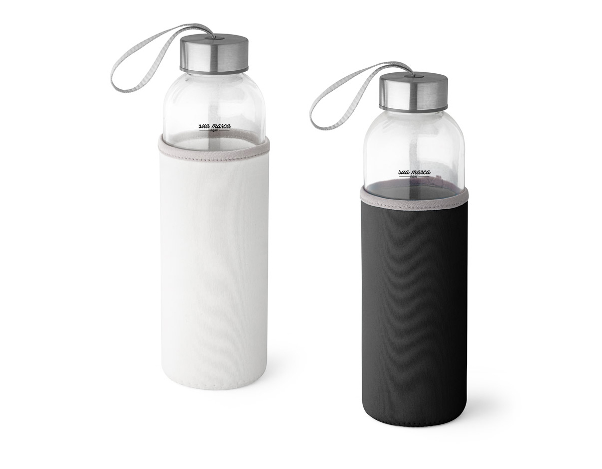 Squeeze. Vidro e aço inox. Capacidade até 520 ml. Fornecido com luva em soft shell