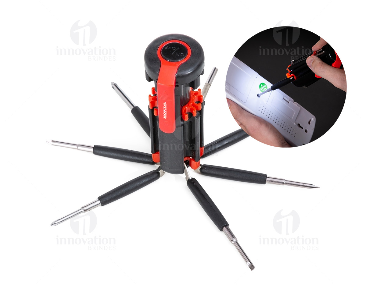 Kit ferramenta retrátil com 7 chaves e lanterna de 6 Leds. 