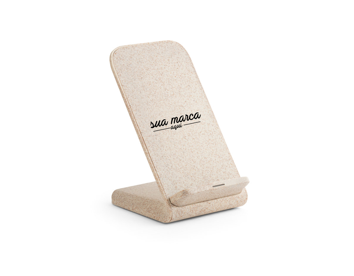 Suporte para celular com carregador wireless em fibra de palha de trigo e ABS. Com uma potência de carregamento rápida de 10W Incluso cabo de carregamento micro USB de 1 m.