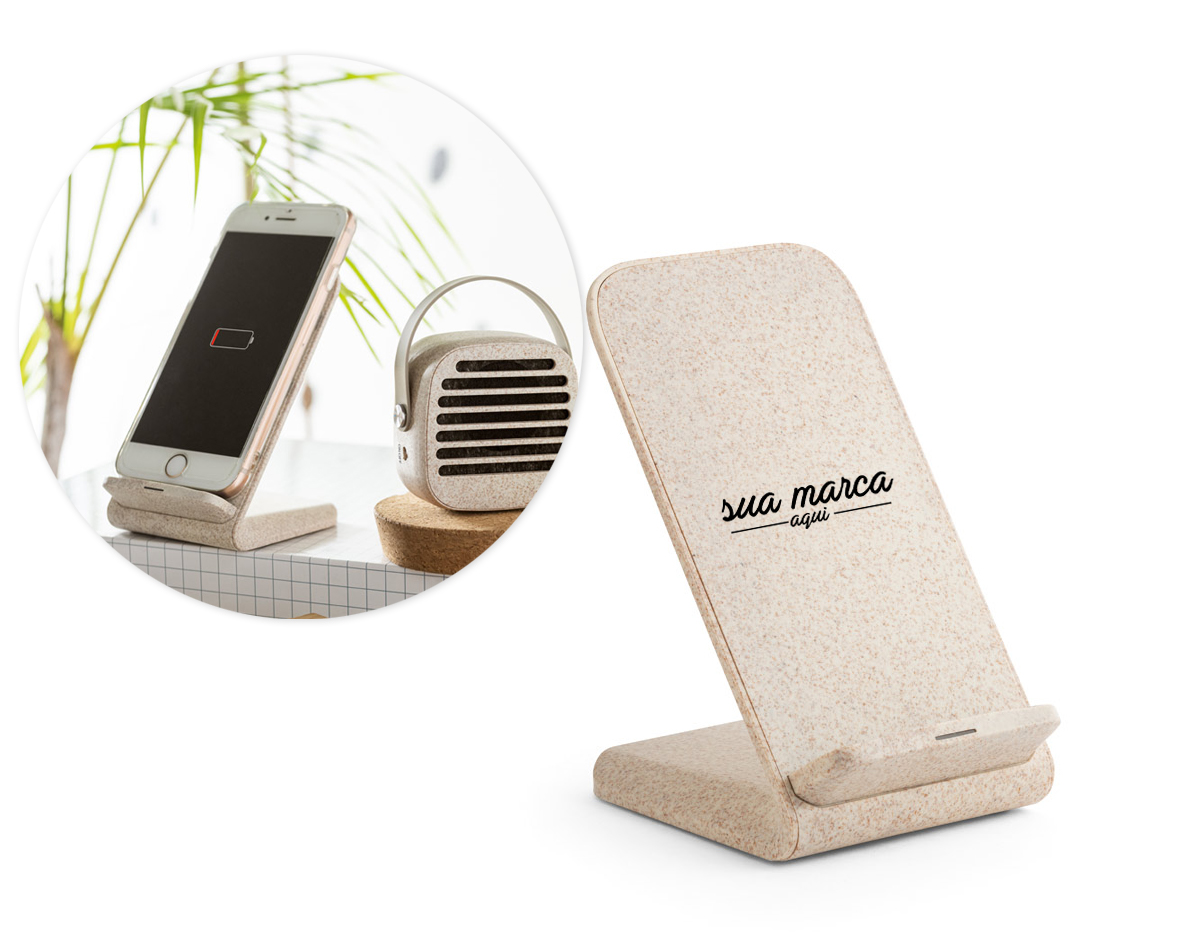 Suporte para celular com carregador wireless em fibra de palha de trigo e ABS. Com uma potência de carregamento rápida de 10W Incluso cabo de carregamento micro USB de 1 m.