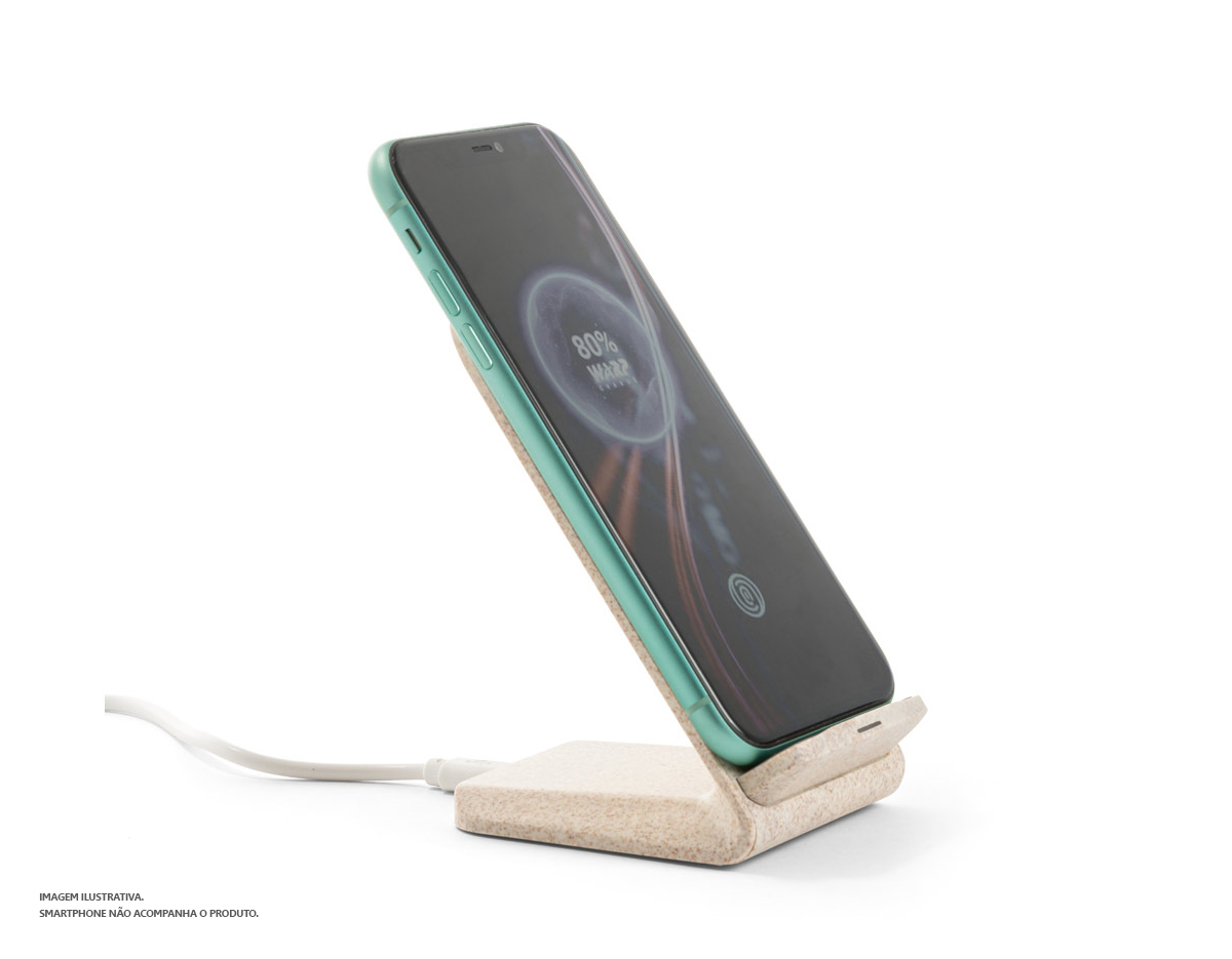 Suporte para celular com carregador wireless em fibra de palha de trigo e ABS. Com uma potência de carregamento rápida de 10W Incluso cabo de carregamento micro USB de 1 m.
