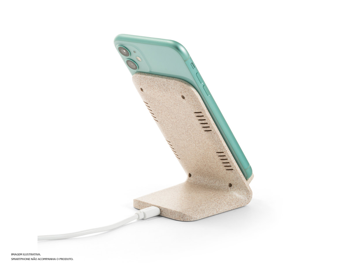 Suporte para celular com carregador wireless em fibra de palha de trigo e ABS. Com uma potência de carregamento rápida de 10W Incluso cabo de carregamento micro USB de 1 m.