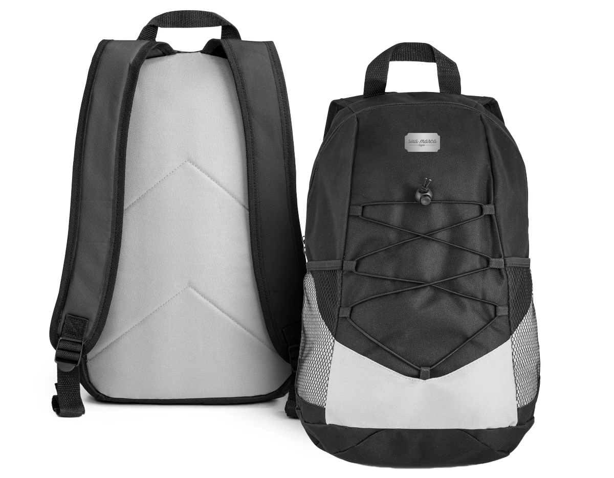 Mochila em 600D com bolsos laterais em tela e bolso interior. Parte posterior e alças almofadadas 250 x 420 x 180 mm
