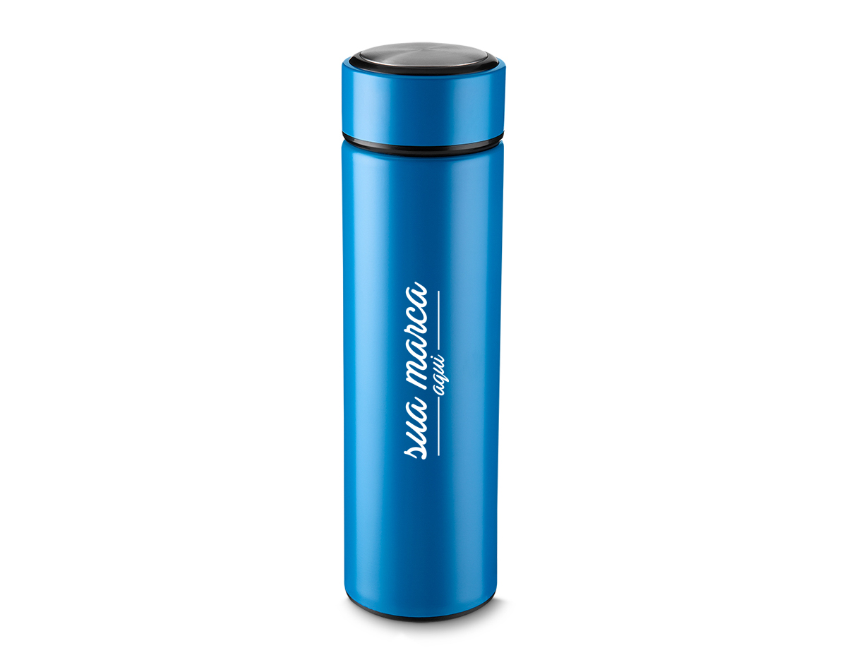 Garrafa em aço inox com parede dupla de 450 ml, conserva a temperatura quente ou fria