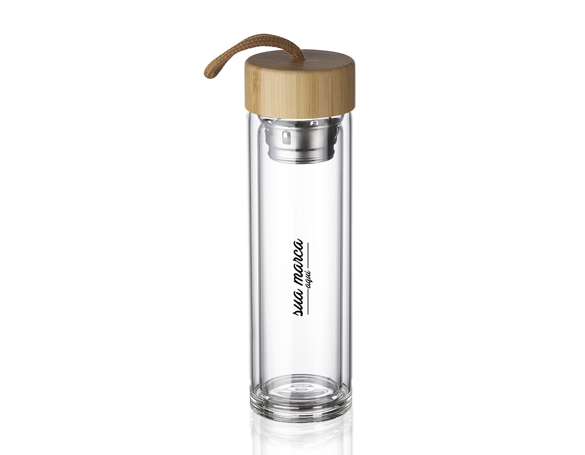 Garrafa de vidro duplo 360 ml com infusor, tampa de bambu com alça de tecido
