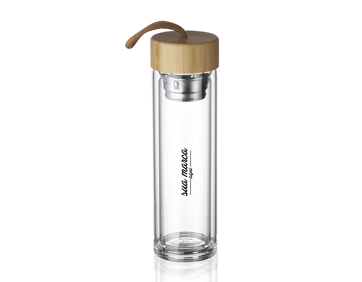 Garrafa de vidro duplo 360 ml com infusor, tampa de bambu com alça de tecido