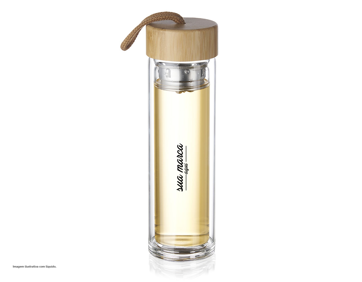 Garrafa de vidro duplo 360 ml com infusor, tampa de bambu com alça de tecido