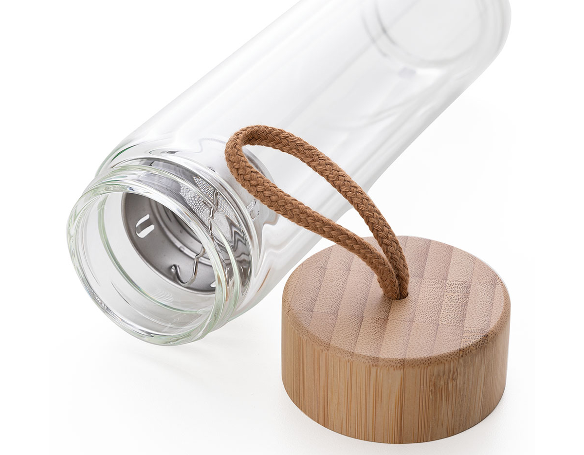 Garrafa de vidro duplo 360 ml com infusor, tampa de bambu com alça de tecido