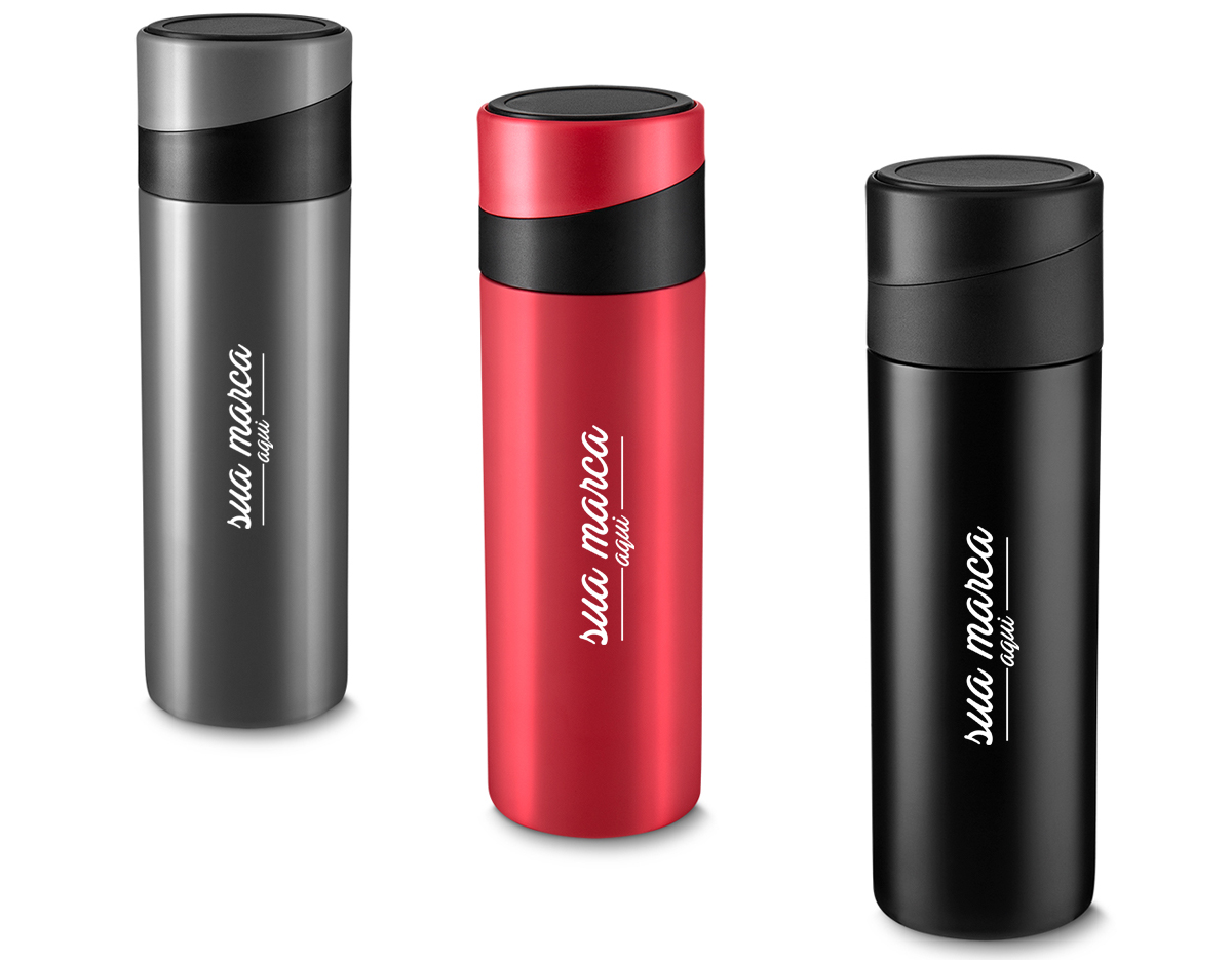 Garrafa em aço inox parede dupla 400 ml, conserva a temperatura quente ou fria, com apoio para celular na tampa.