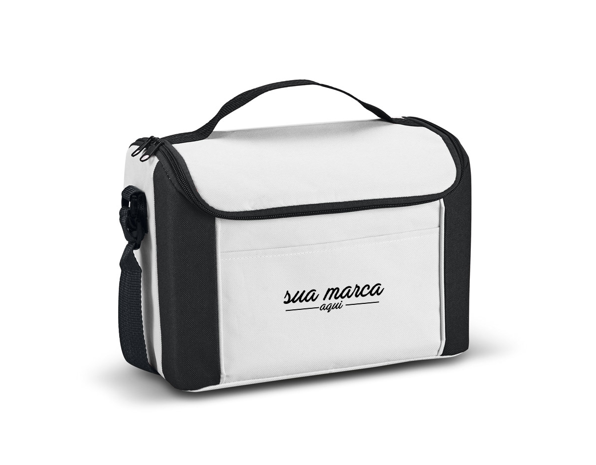 Bolsa térmica em 600D com alça ajustável em webbing, bolso frontal e capacidade até 8 L