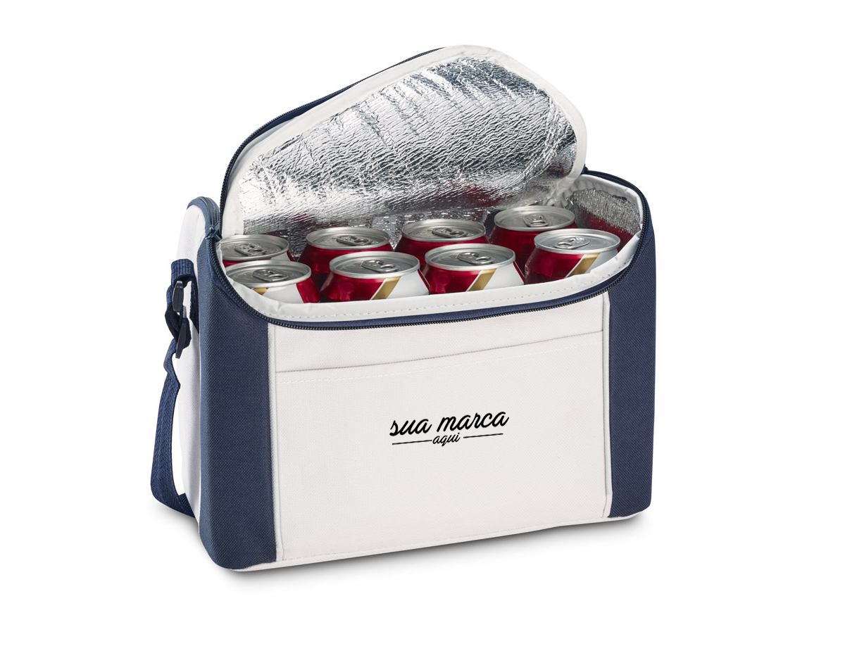 Bolsa térmica em 600D com alça ajustável em webbing, bolso frontal e capacidade até 8 L