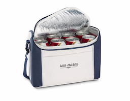 Bolsa térmica em 600D com alça ajustável em webbing, bolso frontal e capacidade até 8 L