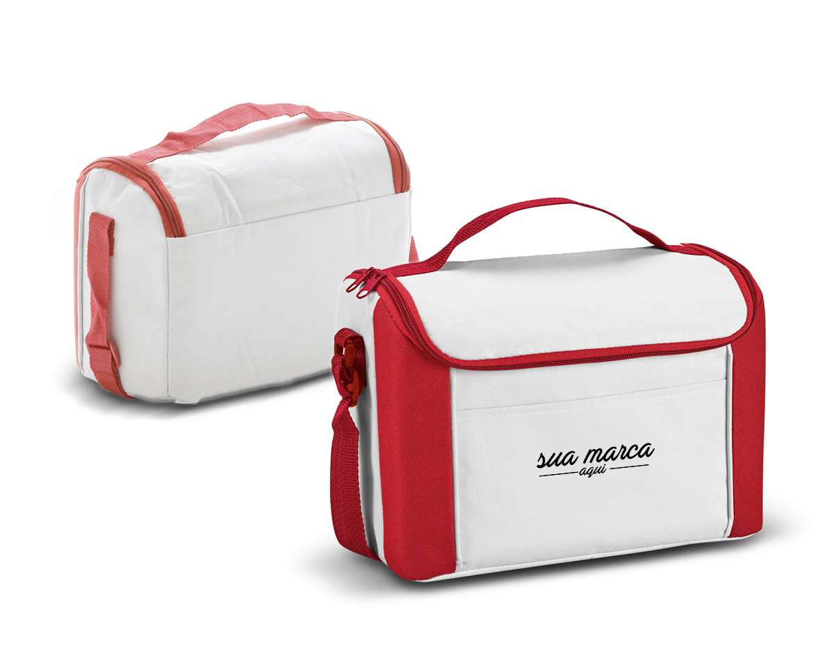Bolsa térmica em 600D com alça ajustável em webbing, bolso frontal e capacidade até 8 L