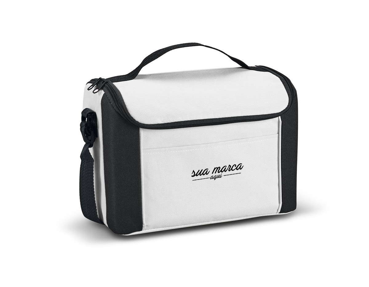 Bolsa térmica em 600D com alça ajustável em webbing, bolso frontal e capacidade até 8 L