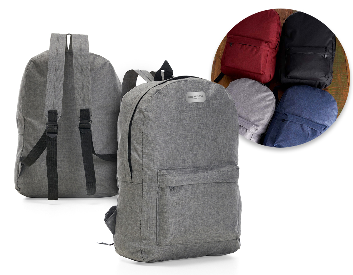 Mochila confeccionada em Nylon 14 Litros. Contém bolso frontal com zíper, alça de mão em nylon e alças para as costas ajustáveis.