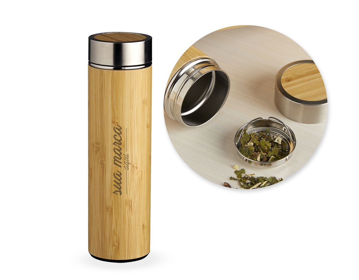Garrafa de bambu e inox 500ml com parede dupla e infusor. Conserva temperatura quente ou fria.