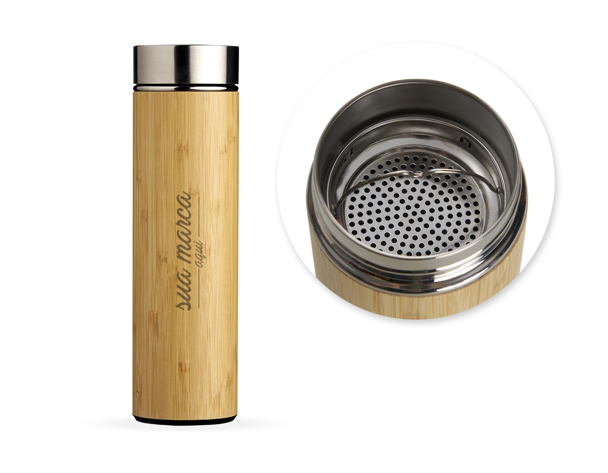 Garrafa de bambu e inox 500ml com parede dupla e infusor. Conserva temperatura quente ou fria.