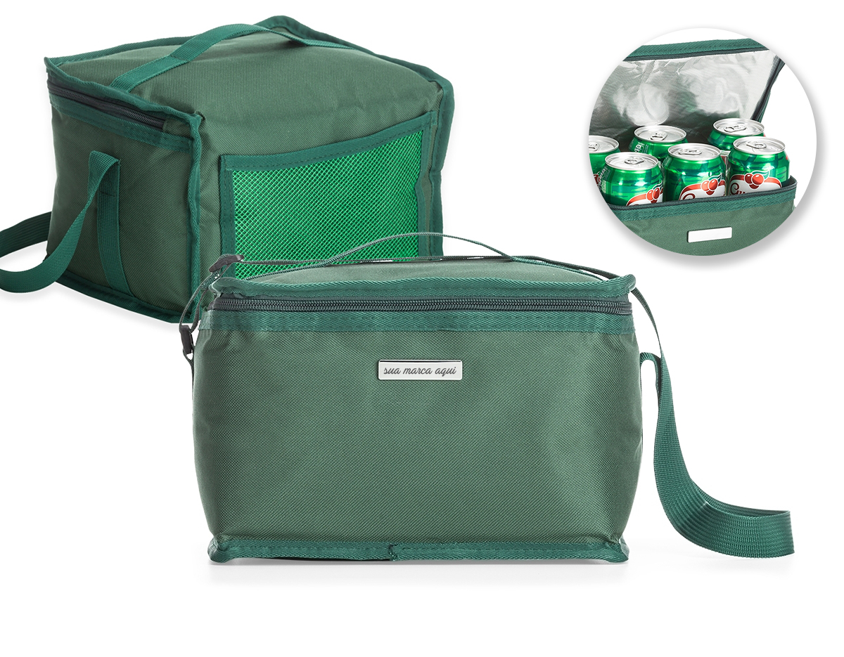 Bolsa térmica 8 litros em nylon com bolso traseiro externo de malha, duas alças para mãos, sendo uma delas ajustável.Parte interna com revestimento térmico