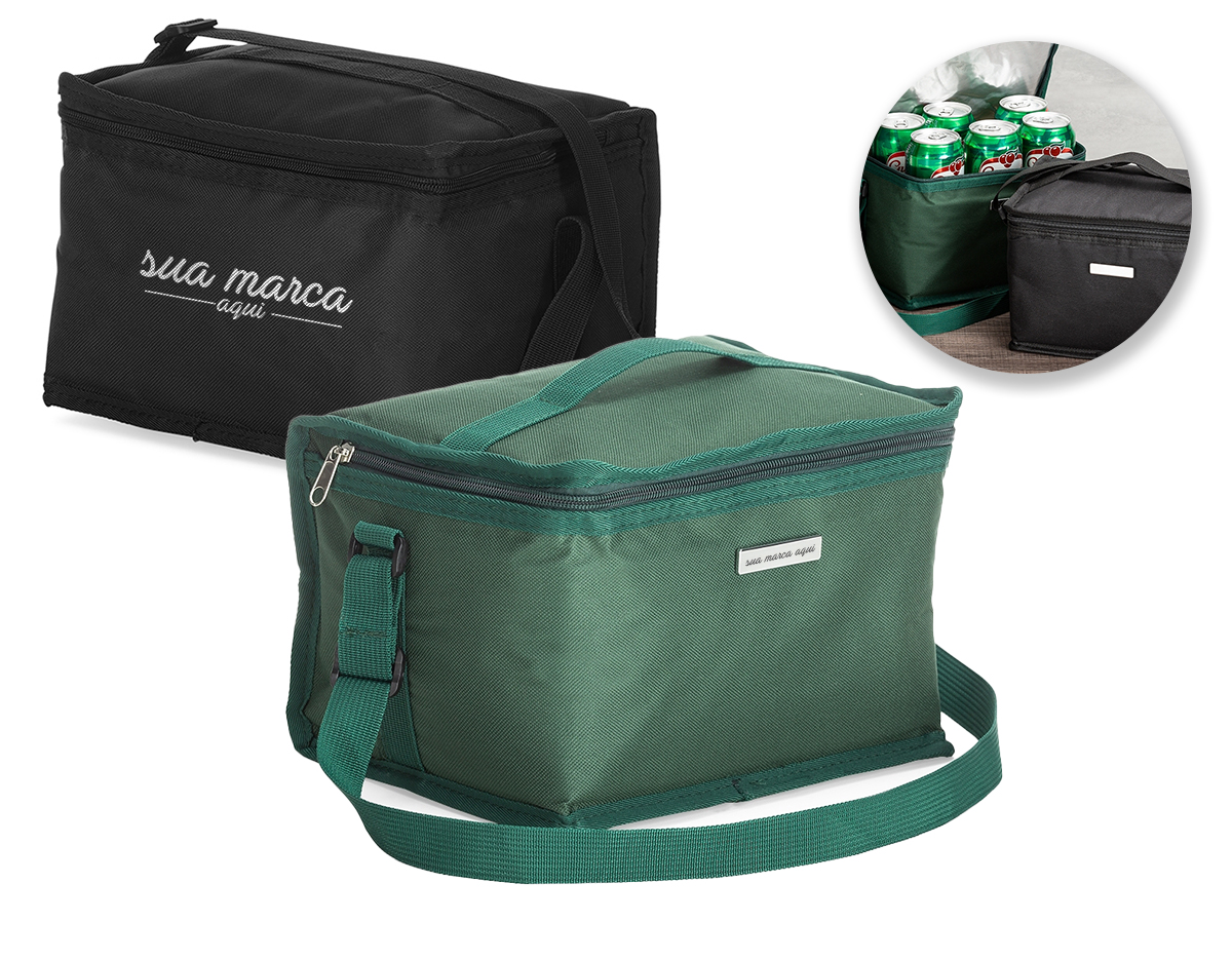 Bolsa térmica 8 litros em nylon com bolso traseiro externo de malha, duas alças para mãos, sendo uma delas ajustável.Parte interna com revestimento térmico