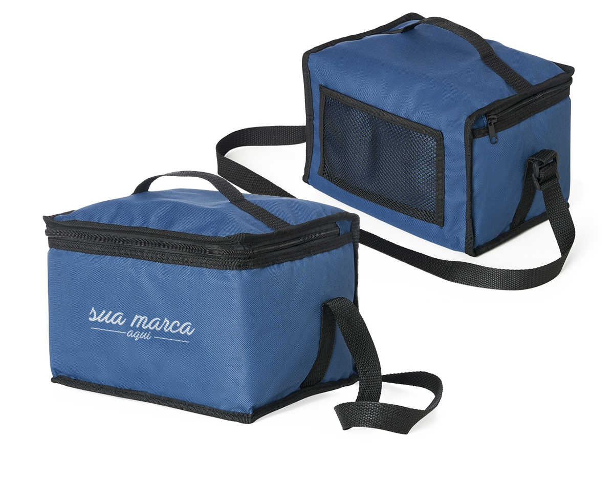 Bolsa térmica 8 litros em nylon com bolso traseiro externo de malha, duas alças para mãos, sendo uma delas ajustável.Parte interna com revestimento térmico